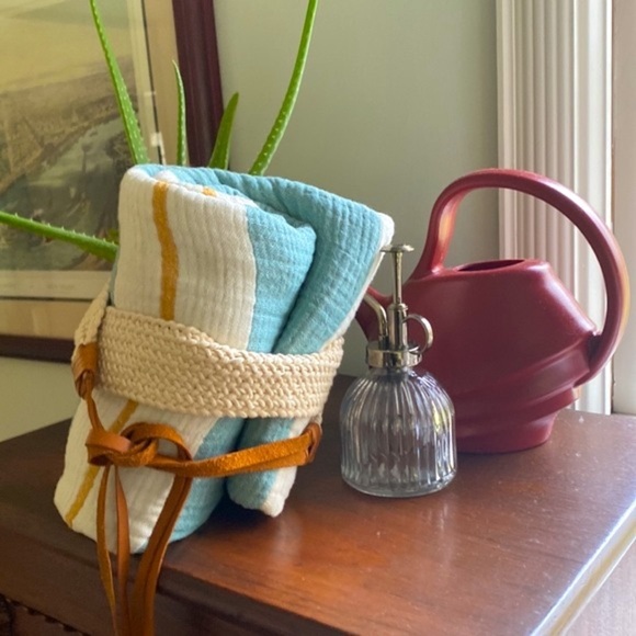 Anthropologie Boho Teal Mustard Ecru Soft Organic Throw Blanket Macrame Carrier - Picture 9 of 12